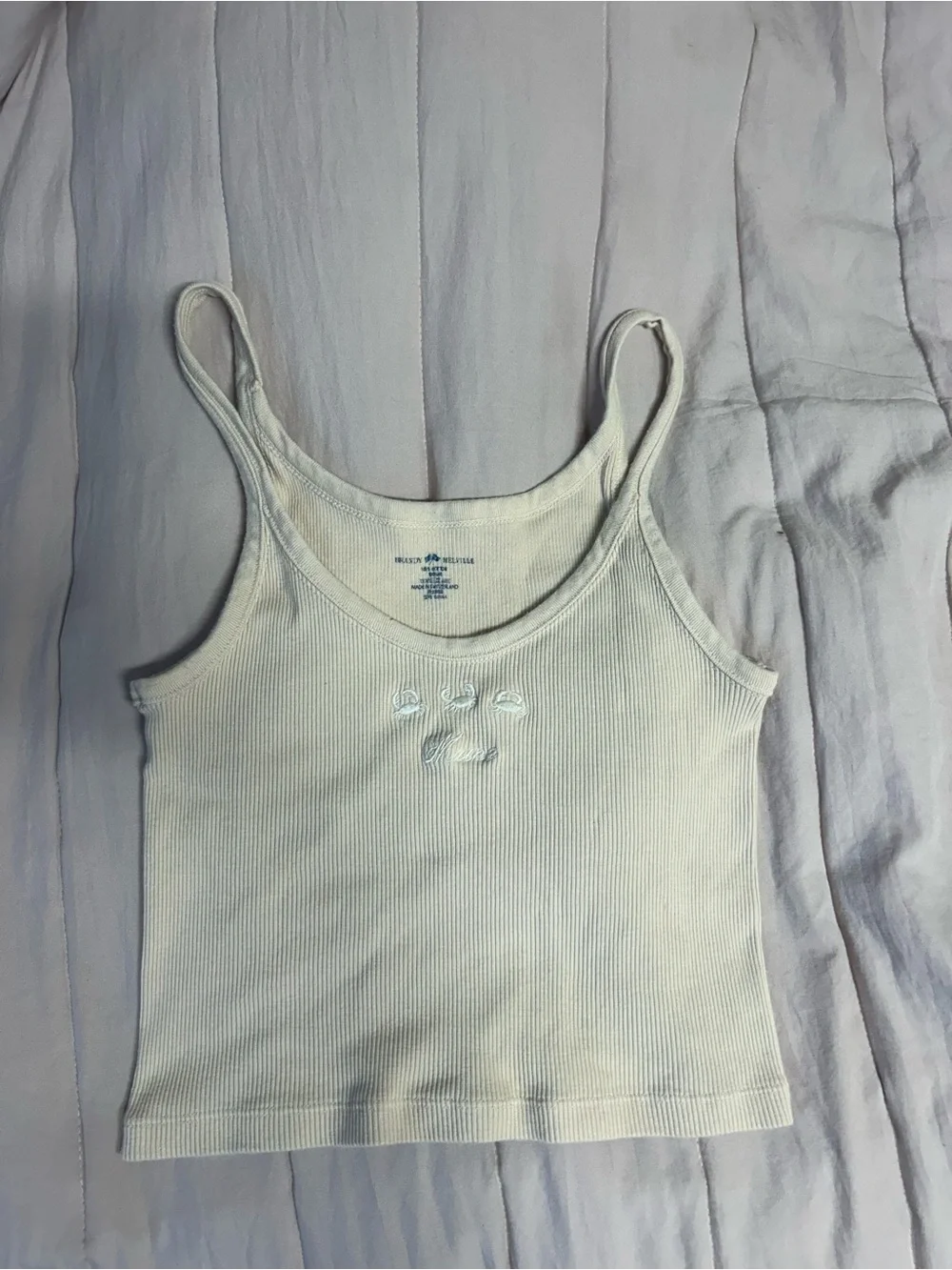 Brandy Melville Cream Ribbed Tank with Subtle Embroidery - Picture 3 of 5